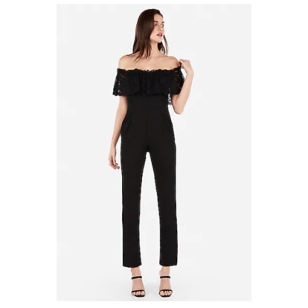 EXPRESS BLACK OFF THE SHOULDER LACE JUMPSUIT